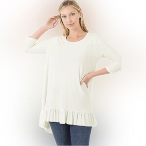 Zenana Premium Round Neck 3/4 Sleeve Ruffle Bottom Hi-Low Hem Loose Fit Tunic
